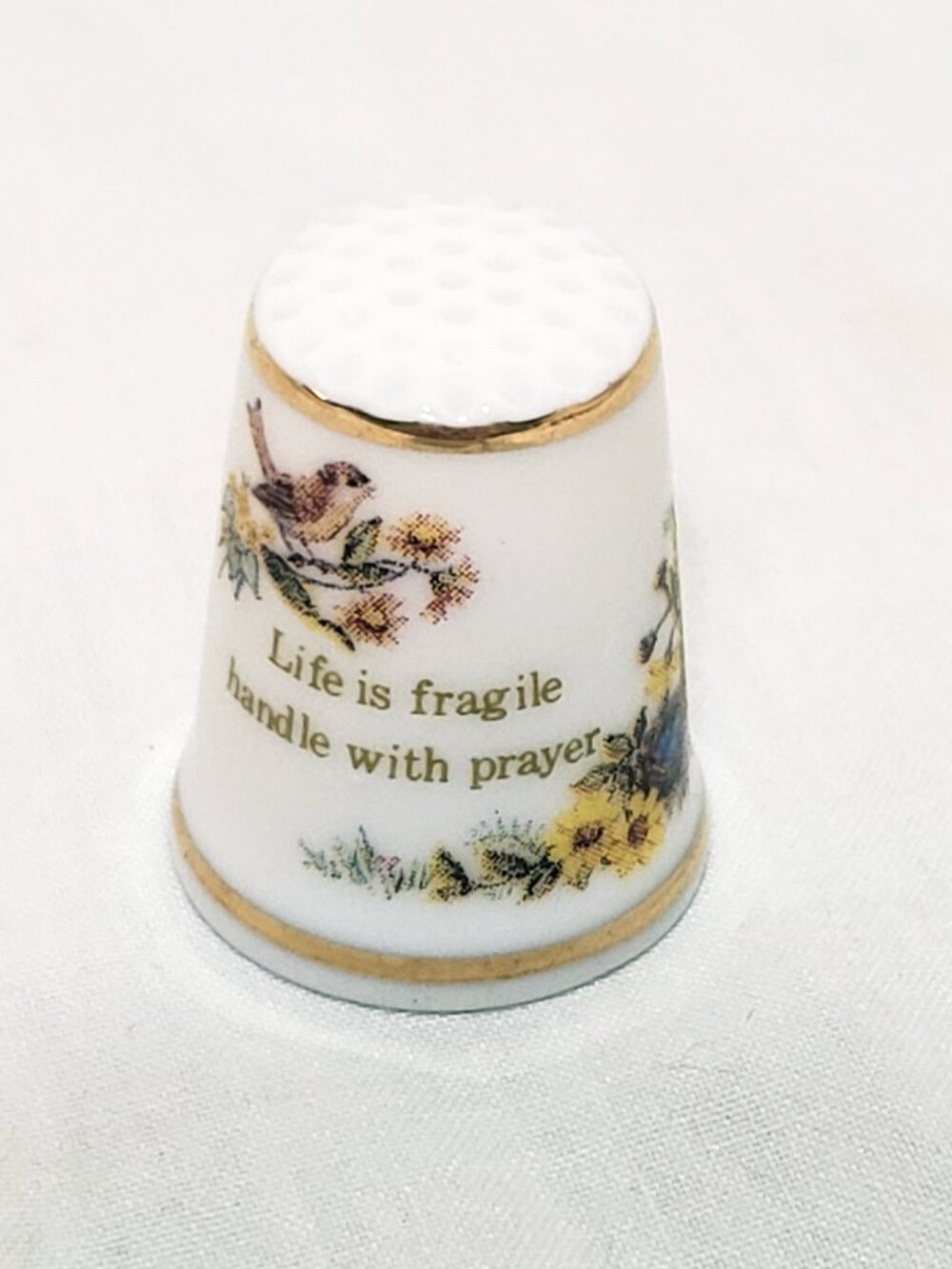 Life is Fragile Handle with Prayer Thimble Porcelain Vintage 1" Creative Circle